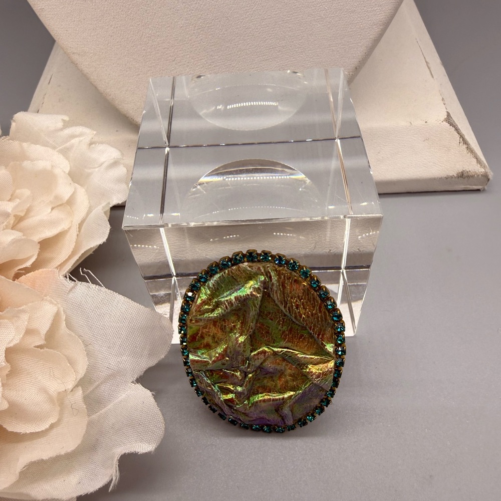 Vintage Paper Iridescent Oval Brooch with Beaded Edge
